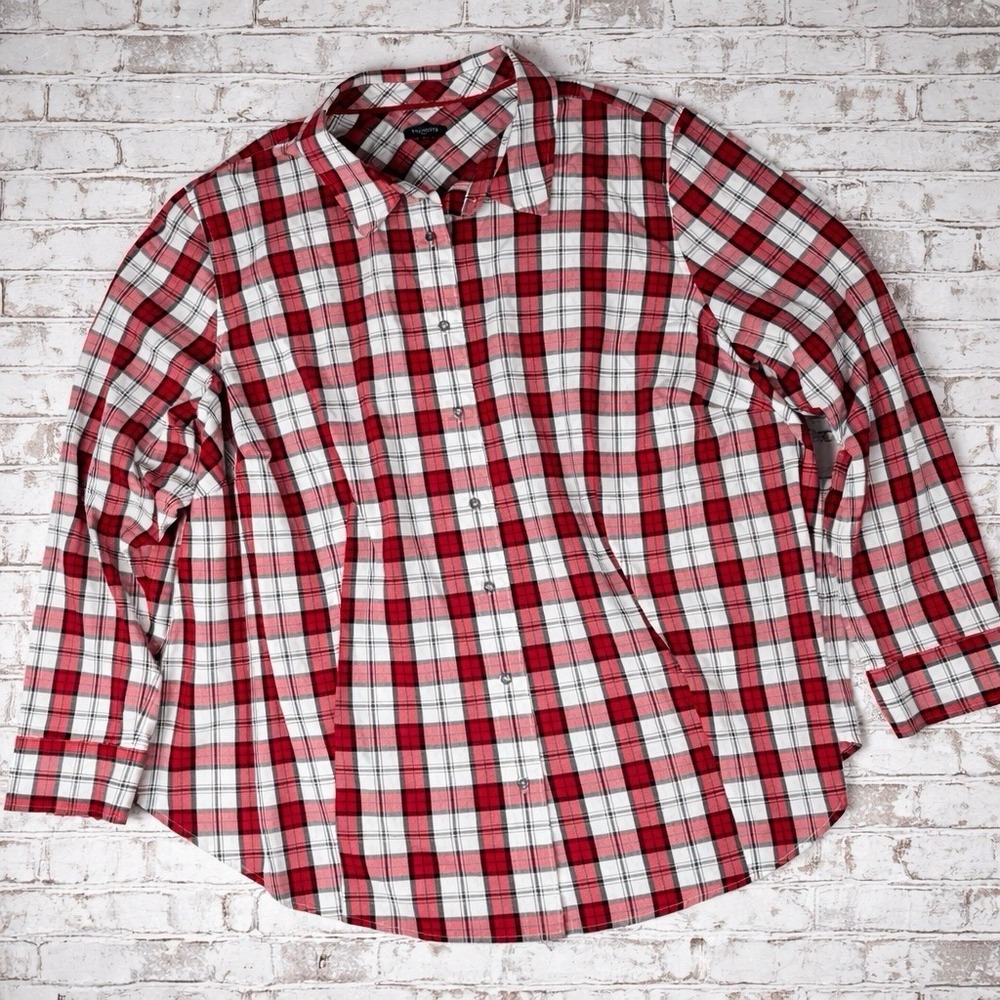 Talbots Women's Button Down Blouse Size‎ 22w Cotton Plaid Red Long Sleeve Light